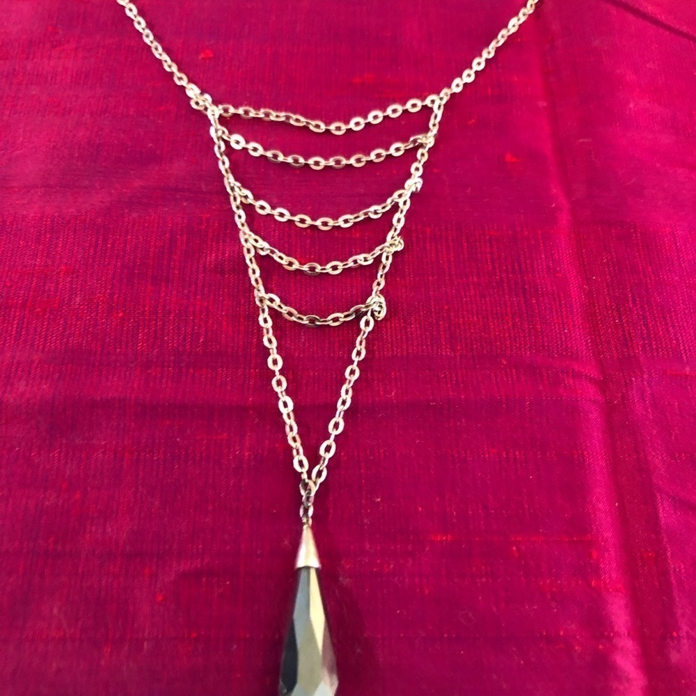 Silver Layered Chain Necklace with Black Teardrop Pendant - Picture 6 of 9